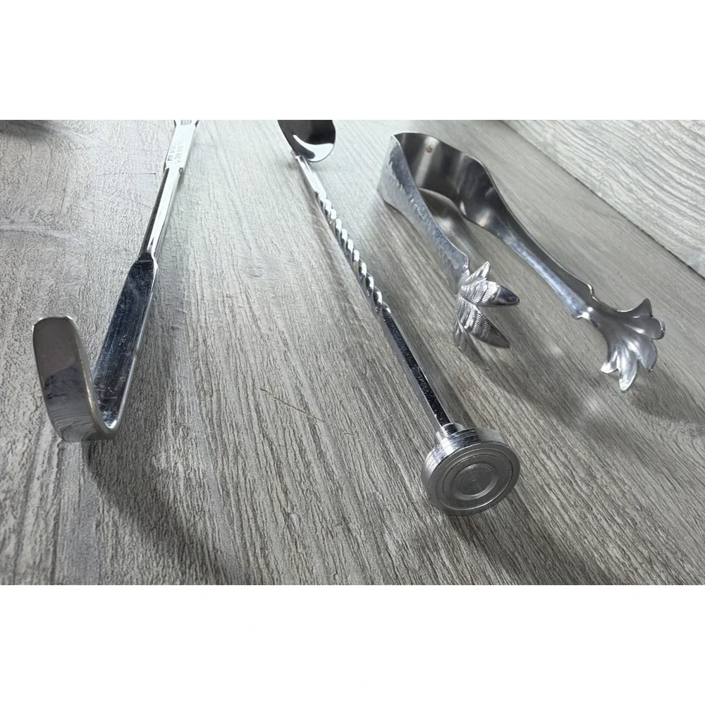 9 Pc Bar Tool Lot Stainless Steel Tongs Long Stirrers Spoons Cocktail Strainer